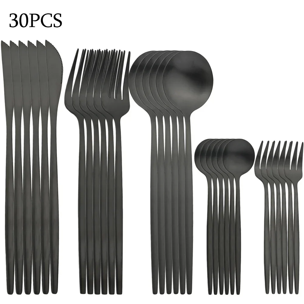 

Fork Stainless Silverware Spoon Fruit Black Dinner Knife Cutlery Dinnerware Kitchen Steel Sets Matte Set 30pcs Tableware