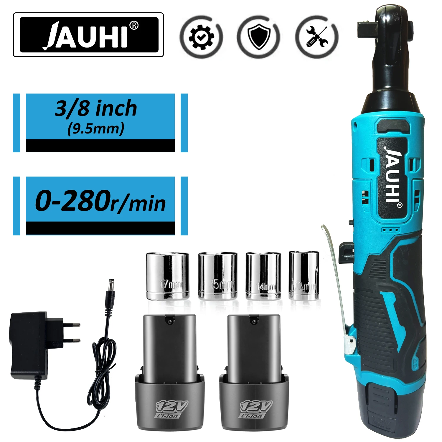 

JAUHI 12V Cordless Electric Wrench 3/8'' Right Angle Ratchet Wrench Angle Drill Screwdriver Removal Screw Nut Car Repair Tool