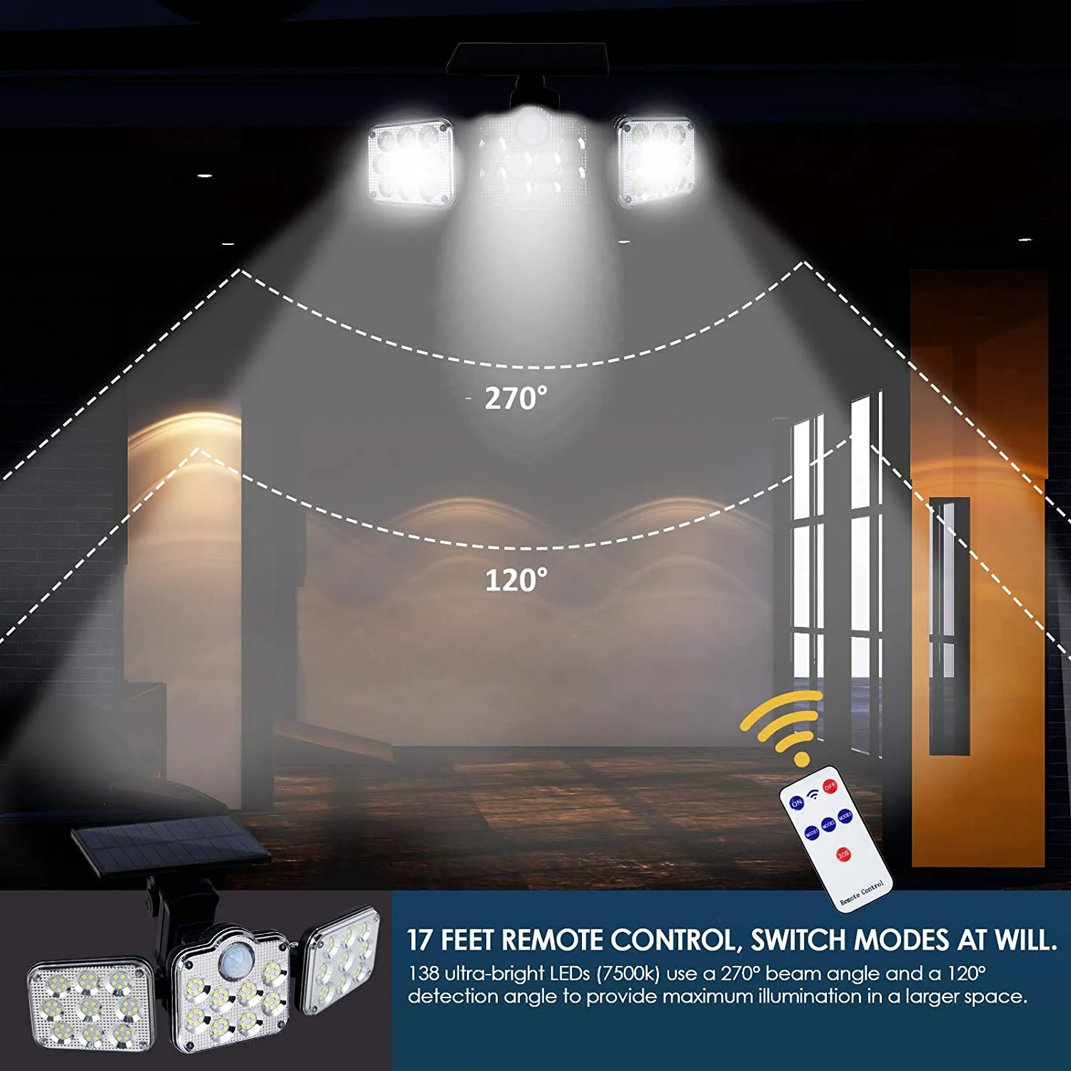 2 Pack Solar Lights Outdoor Solar Wall Light Motion Sensor Adjustable Lamp 138 LED Garage Wall Light with Remote