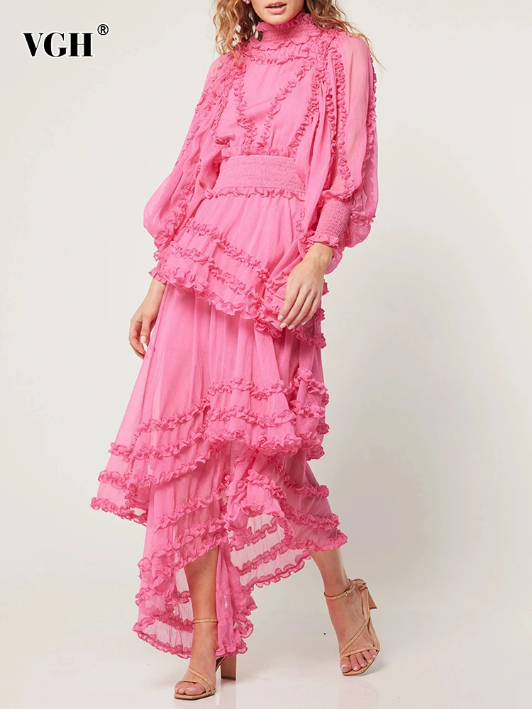 

VGH Tierred Ruffles Solid Dresses For Women Stand Collar Lantern Sleeve High Waist Spliced Edible Tree Fungus Midi Dress Female