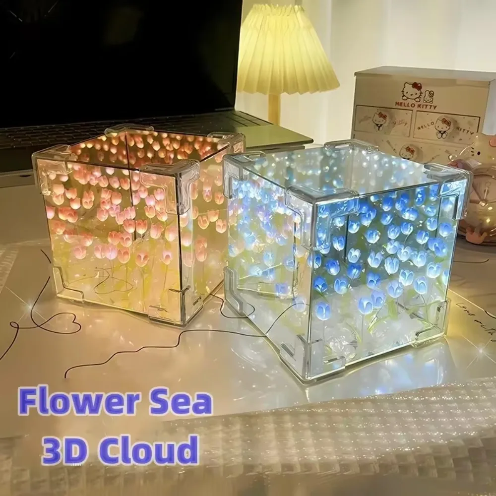 LED Night Light DIY 3D Cloud Tulip Flower Sea Mirror Table Lamps Bedroom Ornaments