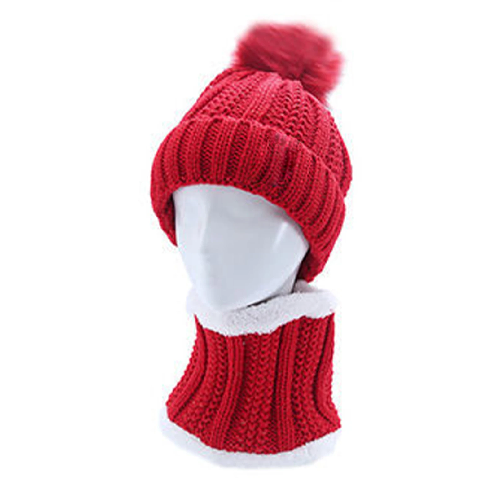 

Women Fleece Lined Gift Ski Knitted Beanie With Pompom Breathable Hat Scarf Set Winter Warm Stretchy Acrylic Fiber Skull Cap