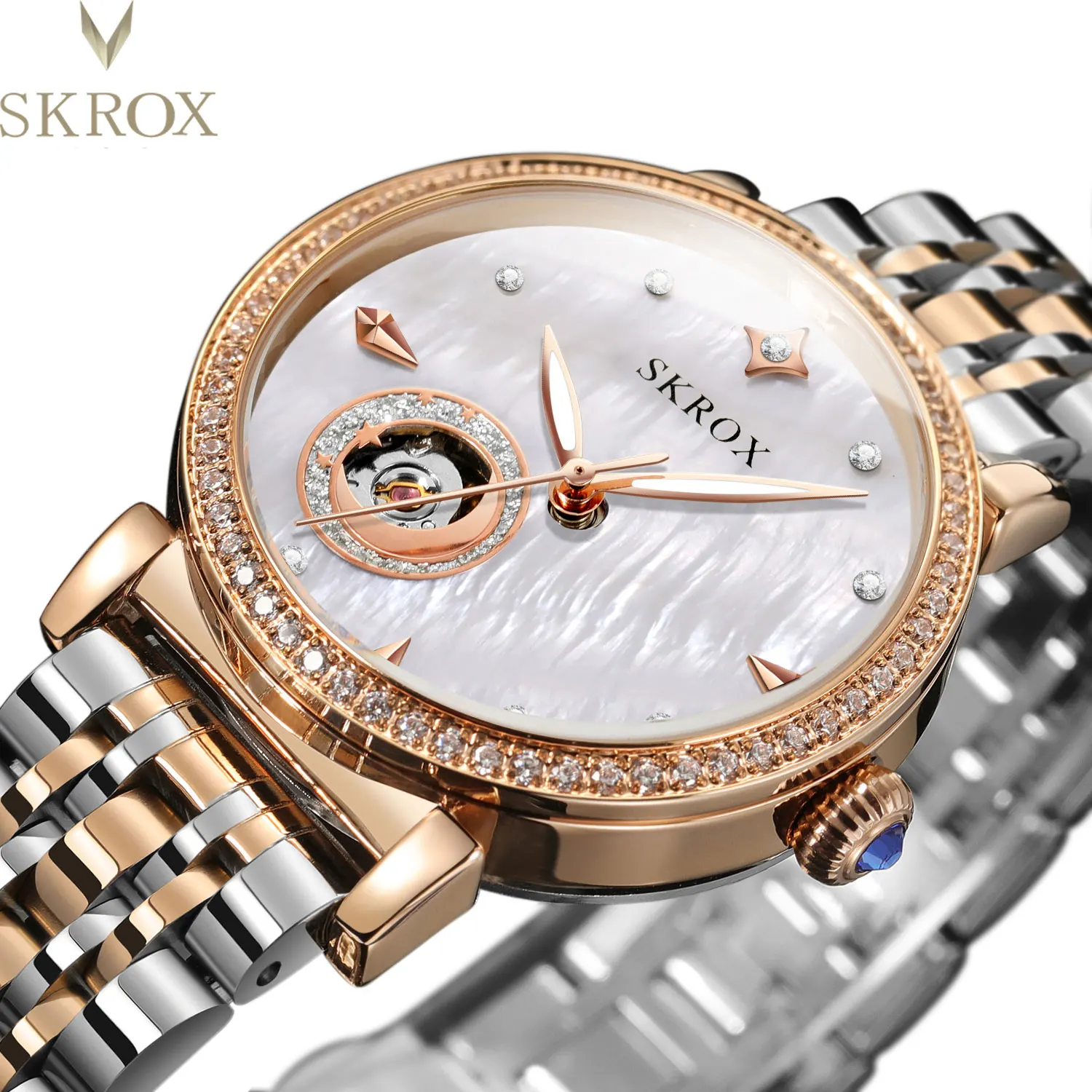 2024Luxury Rose Gold Diamond Woman Watch Mechanical Automatic Movement Ladies Watches Stainless Steel Elegant Women's Wristwatch 2
