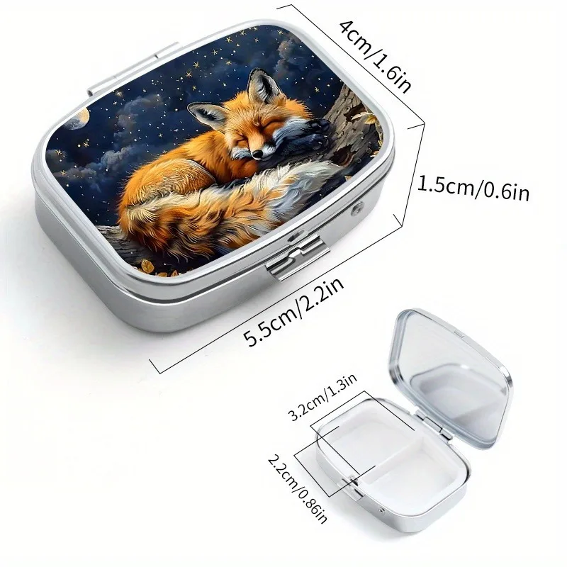 Charming Fox Pattern Medicine Box Compact 2-Grid Moisture-proof Sealed Storage Box Portable Metal Medicine and Vitamin Box
