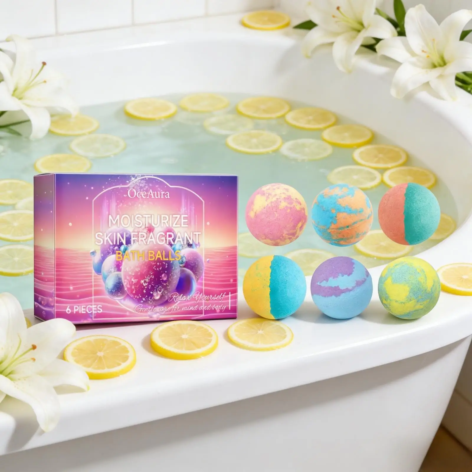 OceAura Palline Effervescenti da Bagno per Donne, Morbide e Lisce, Cura del Corpo, Idratanti, Migliorano l'Elasticità della Pelle, Set Regalo per la Doccia 6 Pezzi - immagine 2