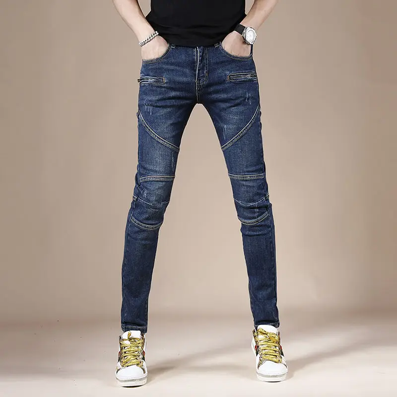 

Light Luxury Men’s Slim-fit Retro Style Denim Pants,Sexy Moto&Biker Trendy Jeans,Zipper Decors Stretch Blue Street Jeans Pants;