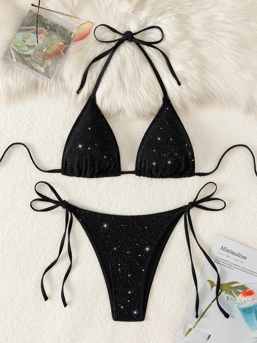 Shiny Sparkling Halter Strappy Bikini 2025 High Cut Bikinis Female Swimsuit Women Swimwear Two-pieces Bikini Set Bathing Suit