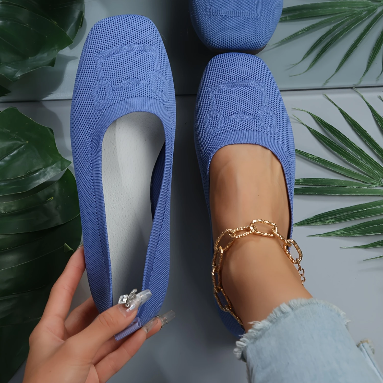 Women's Breathable Knitted Square Toe Ballet Flats with Soft Sole