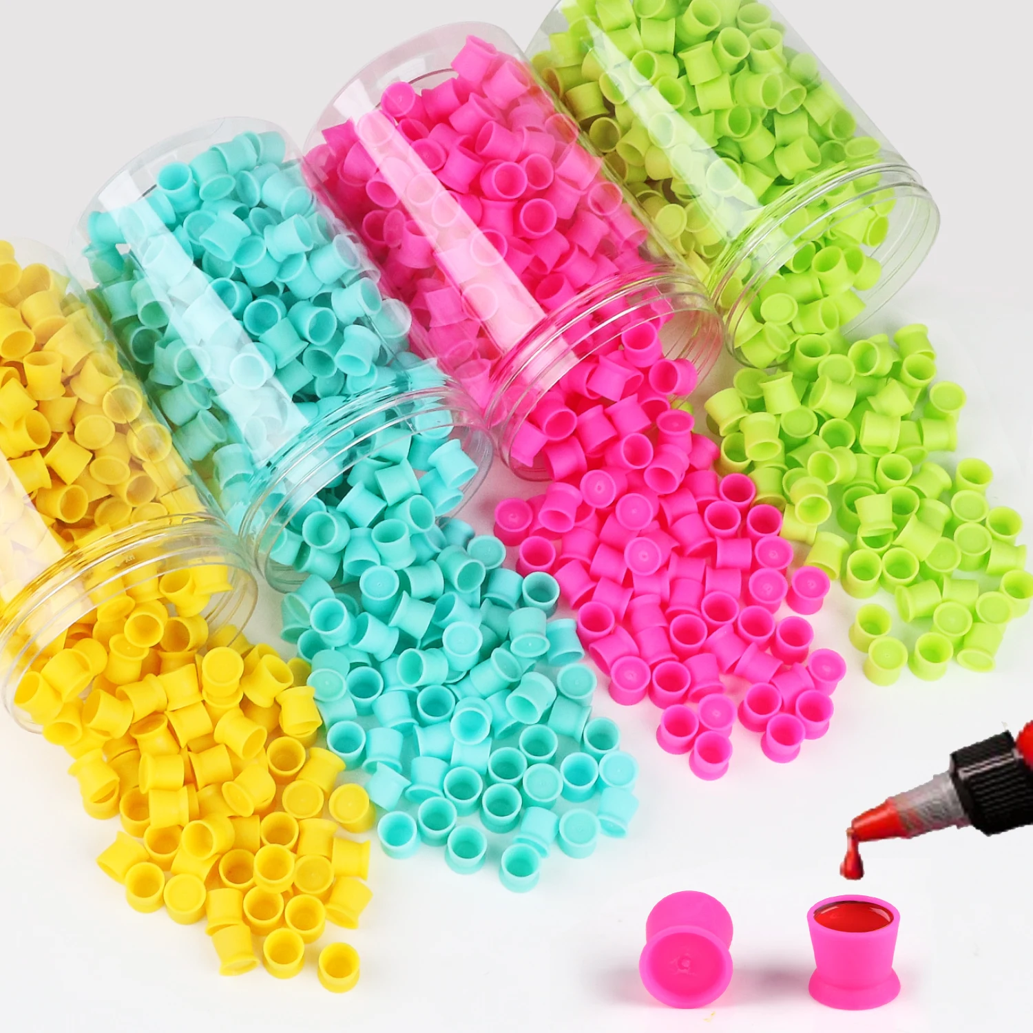 300 Pezzi Coppette in Silicone per Inchiostro da Tatuaggio con Base, Coppette Rotonde Monouso per Pigmenti, Forniture per Trucco Permanente e Tatuaggi - immagine 3