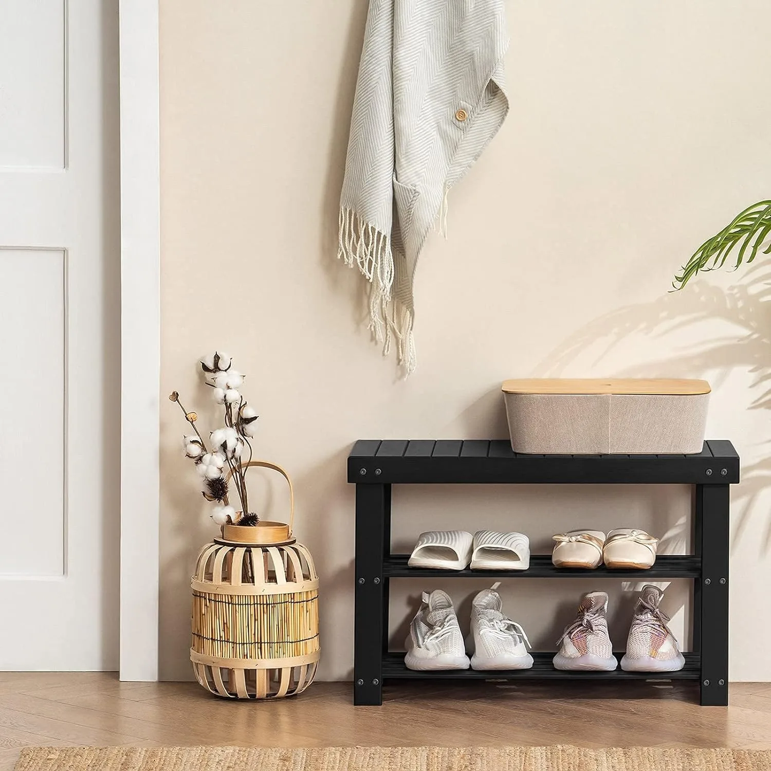 Bamboo shoe rack entryway 3-tier shoe rack bench front door entrance small organizer storage
