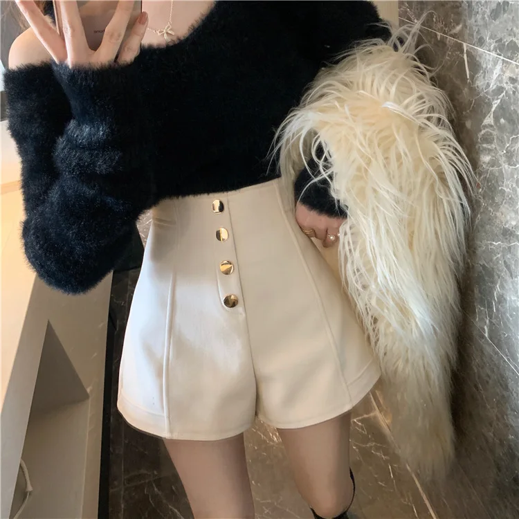 Schwarze Shorts für Damen Frühling Sommer Neue Weite Hose mit Hoher Taille Einreihig Aprikotfarbene Lässige Hotpants – Detail 2