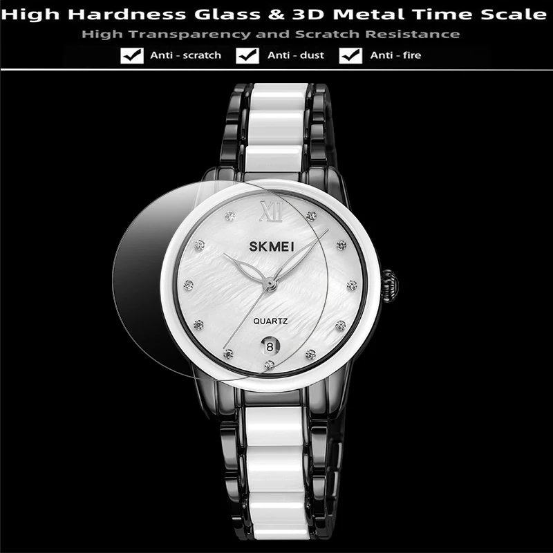 Skmei Womens Quartz Calendar Wristwatch Luxury Rhinestone Dial Zinc Alloy Band Analog Display Female Bracelet Waterproof Watches 5