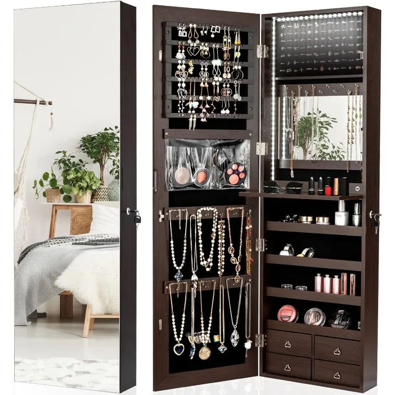 

LED Strip Jewelry Armoire with 47.2" H Full Length Mirror, Wall/Door Mounted Jewelry Organizer with Built-in Mirror, Flip-over