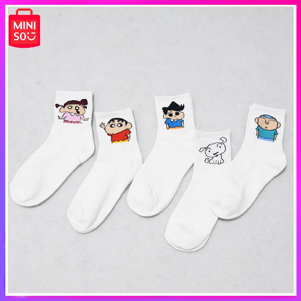 

2024 New Miniso Crayon Shin Chan Cartoon Cute Student Sports White Preppy Student Mens Socks Couple Kawaii Christmas Girl Gifts