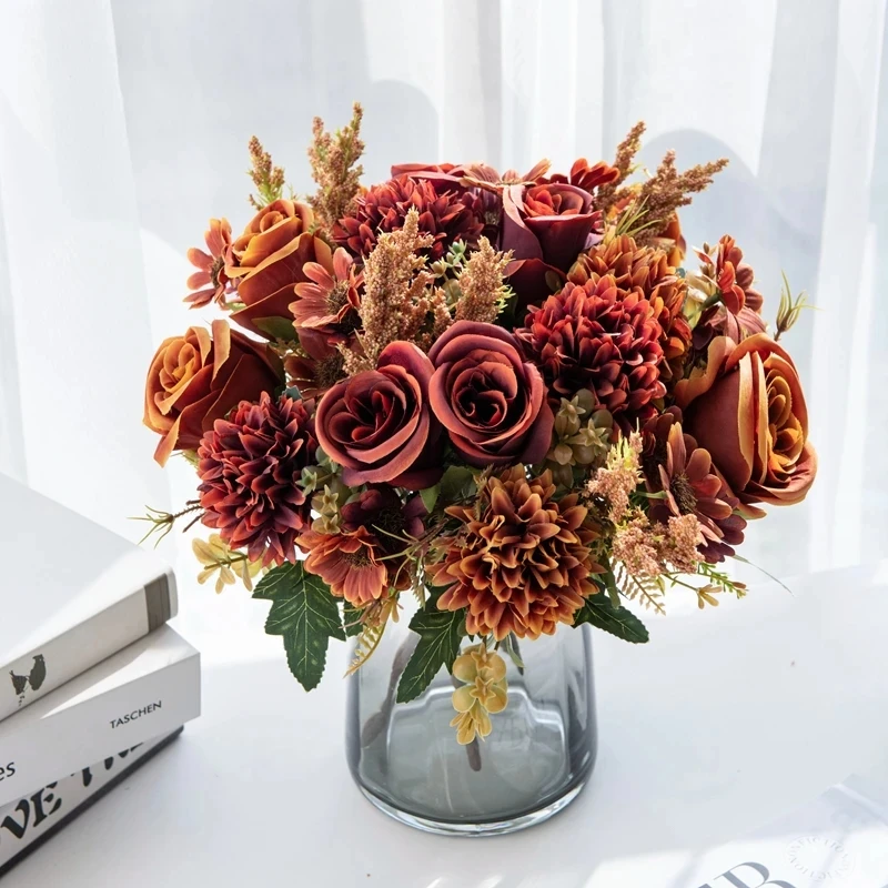 Bouquet Feuilles Automne Artificielles 6 Pièces - Eucalyptus Faux Couleur Caramel, Tiges Réglables 60 Cm - Décoration Mariage, Maison, Bureau - 6