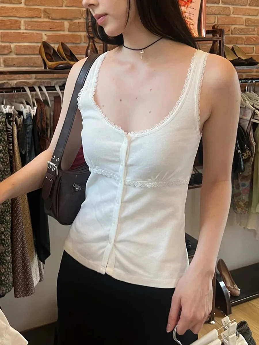 Lace Trim Slim Tank Tops Women Casual White Cotton U-neck Buttons Sleeveless Cardigan Vests Sweet Preppy Style Cute Camisole New