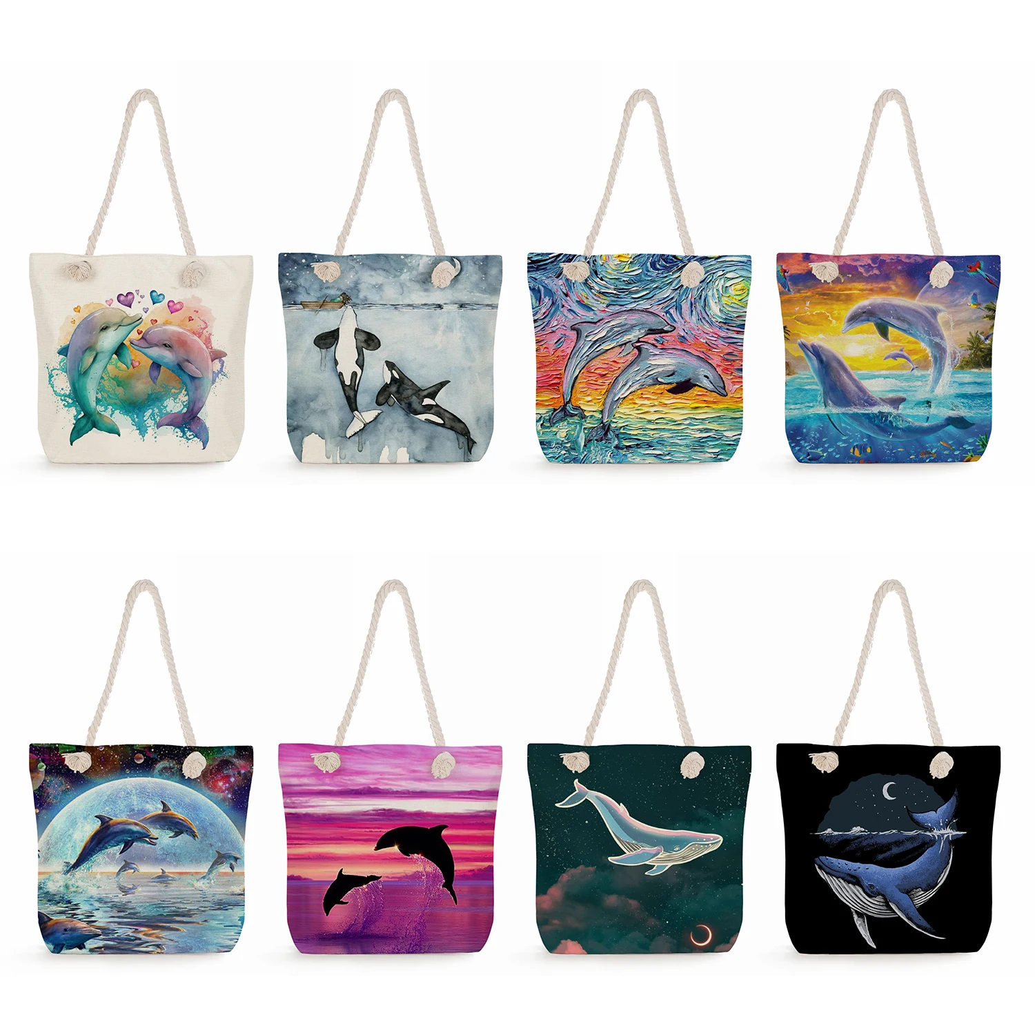 

Thick Rope Beach Bags Women Totes Eco Reusable Shopping Bags Outdoor Casual Cute Whale Dolphin Print Handbags Practical Portable