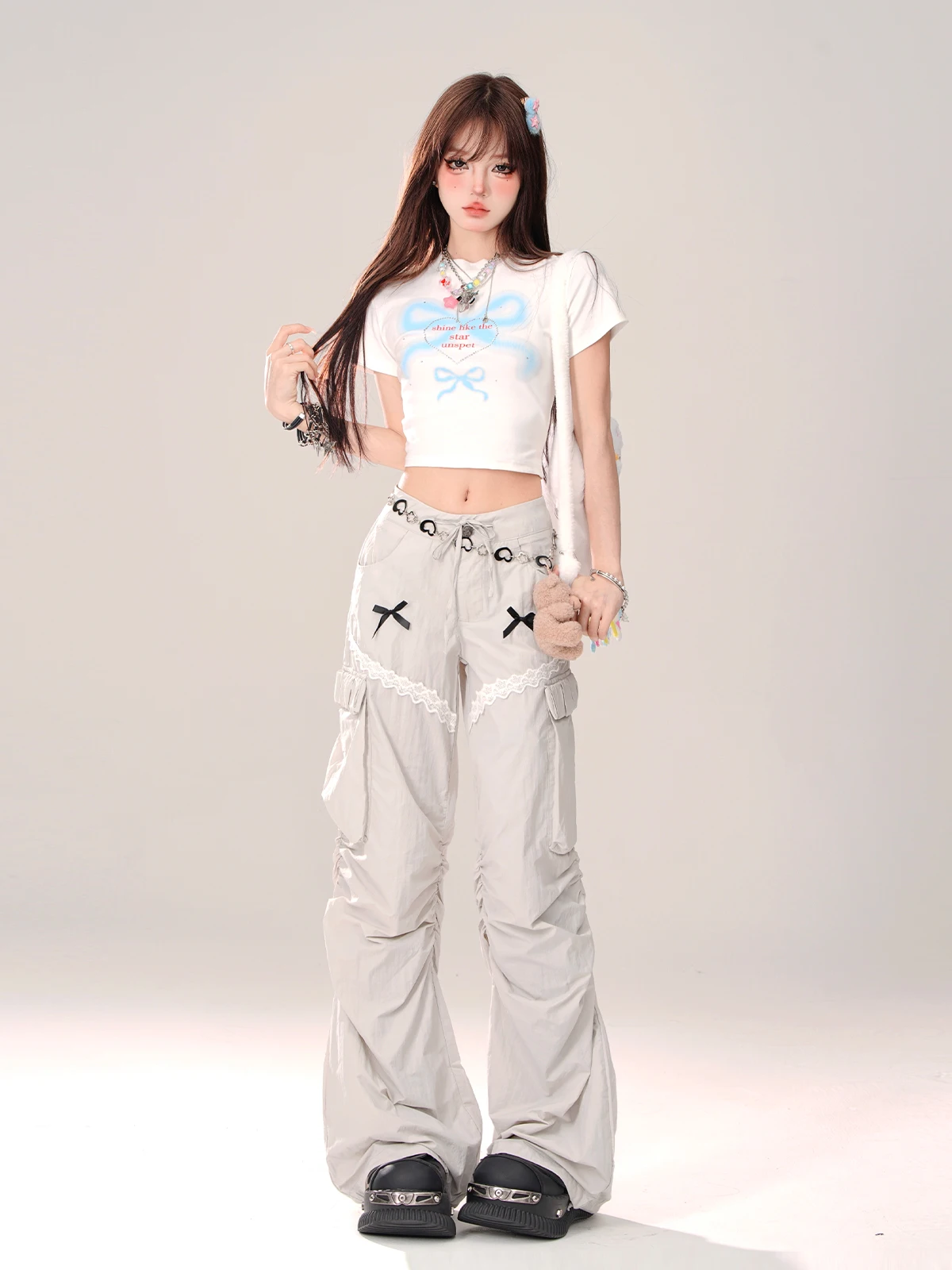Korean Fashion Sweet Streetwear Quick-Drying Wide-Leg Pants Summer Bow Chain Lace Patchwork Cargo Pants Casual Pants Women