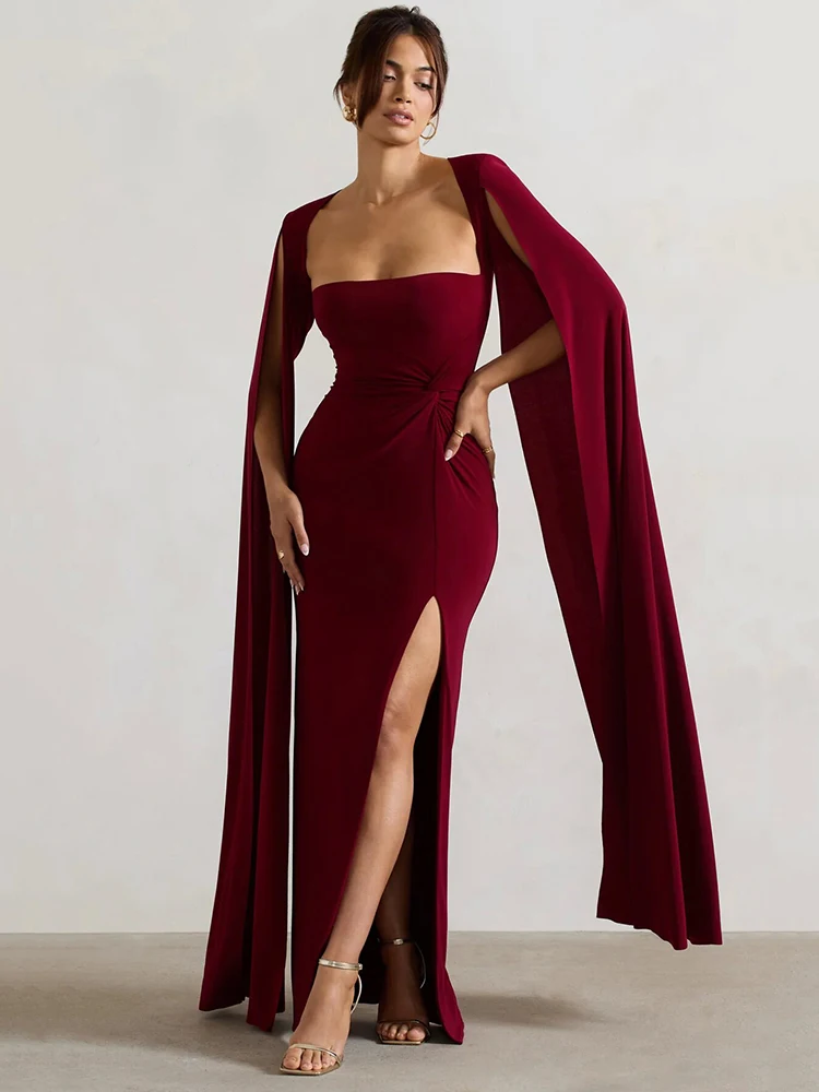 Elegant Bodycon High Slit Long Sleeved Shawl Women Dress Elasticity Tight Sexy Party Club Evening Dress Female Vestido