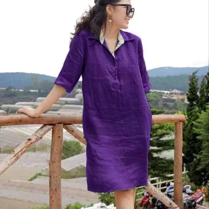 

2024 Spring Cotton Linen Women Dresses Black Turn-down Collar Short Sleeve Loose Oversize Dresses Female Casual Ladies Clothes