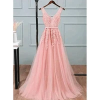 Gorgeous Pearl Pink Evening Dresses Illusion Strap Lace Appliques Square Neck V-Backless Gowns Slim A-Line Maxi Party Prom Dress
