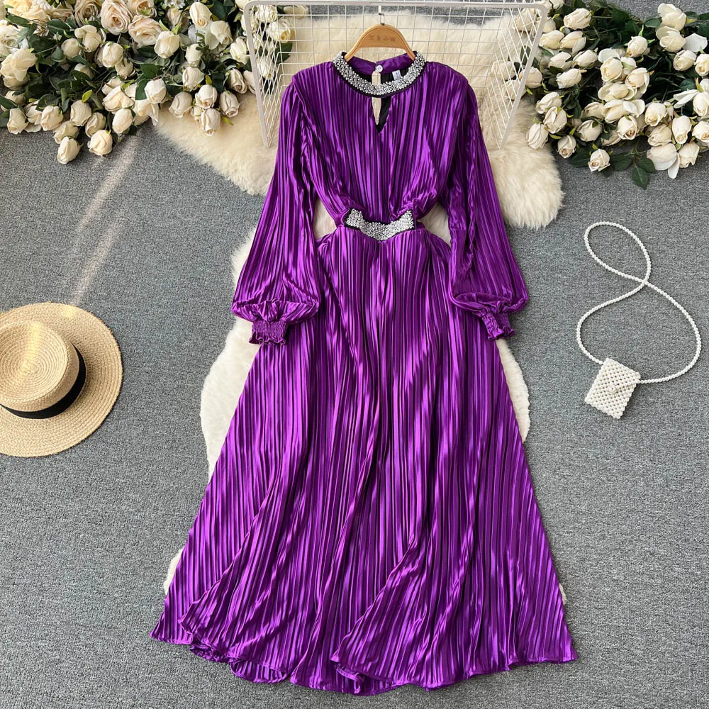 

Spring Autumn 2023 Long Sleeve Lace Dress Women Fashion Lapel Neck Button Decoration Waist Tucked Satin Long Dresses