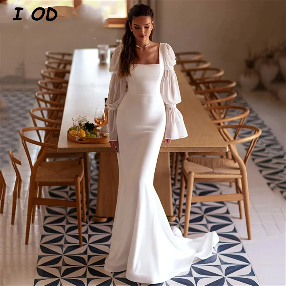 

I OD Simple Mermaid Wedding Dress Square Collar Puff Long Sleeves Backless Floor Length Bridal Gown Court Train Vestido De Novia