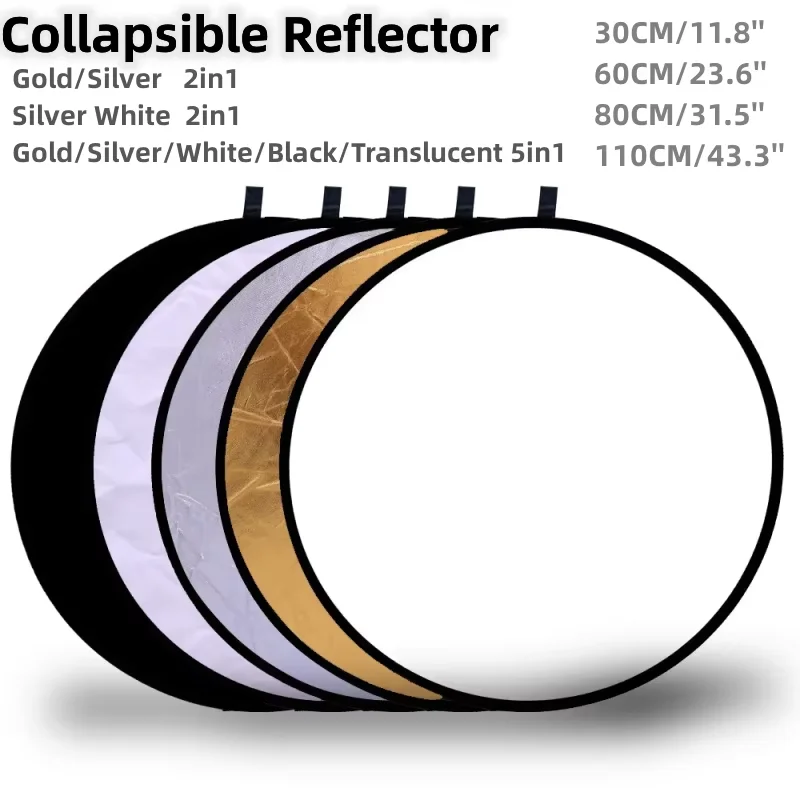 24" Reflector 5 In1 30CM 60CM 80CM 110CM Silver White Gold Portable Collapsible Soft Light Round Photography For Studio 2 In1