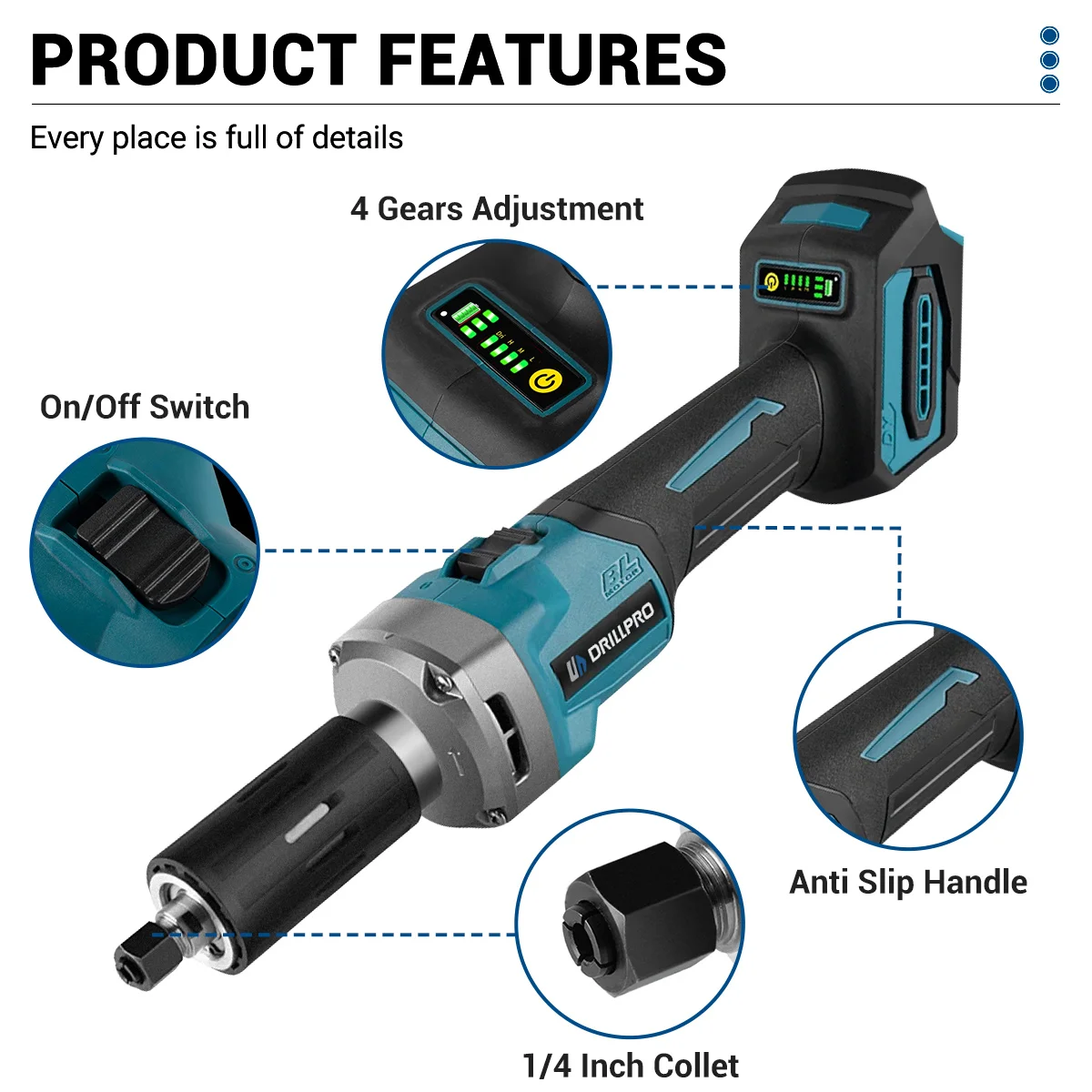 Drillpro 35000RPM 2000W Brushless Angle Grinder Cordless Electric Polishing Grinding Machine Compatible with Makita 18V Battery 4