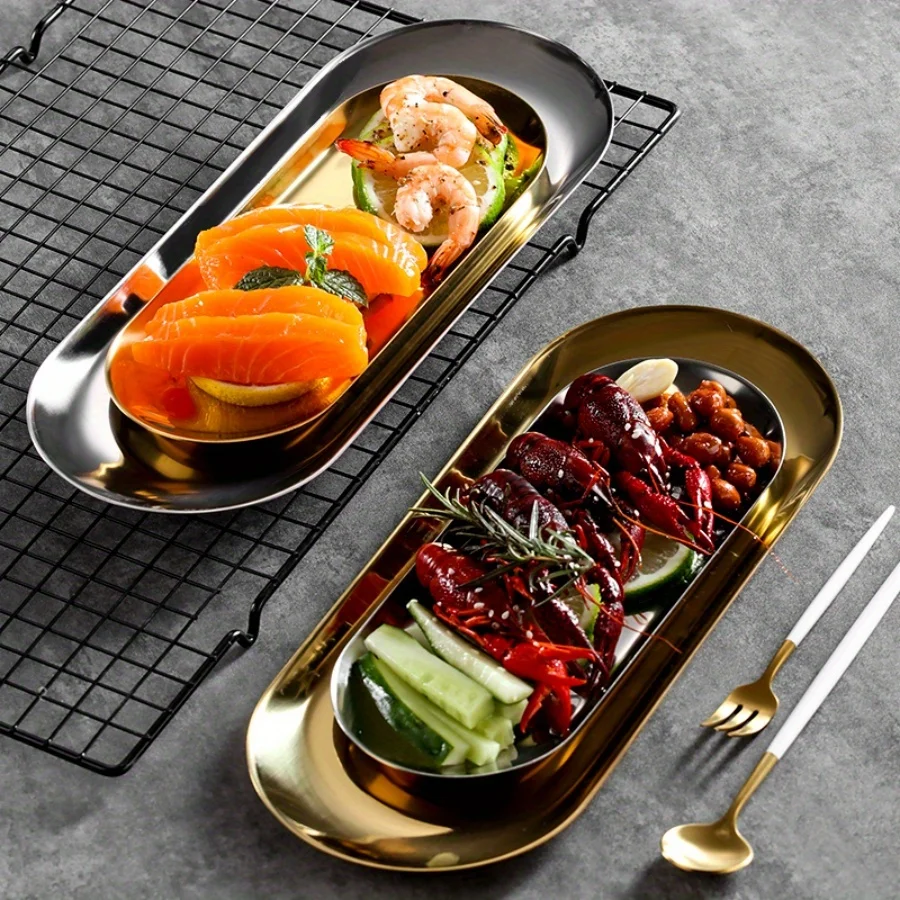 Stainless Steel Dining Dish Dessert Plate Nut Fruit Cake Tray Snack Kitchen Western Steak Dish