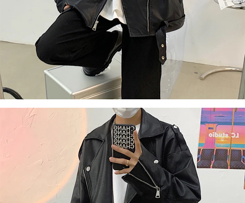 men's genuine leather bomber jackets Privathinker Spring 2022 Men Motorcycle Leather Jacket Loose Fashion Turn Down Collar Male Coats Korean Style Zipper Outerwear mens leather motorcycle jackets