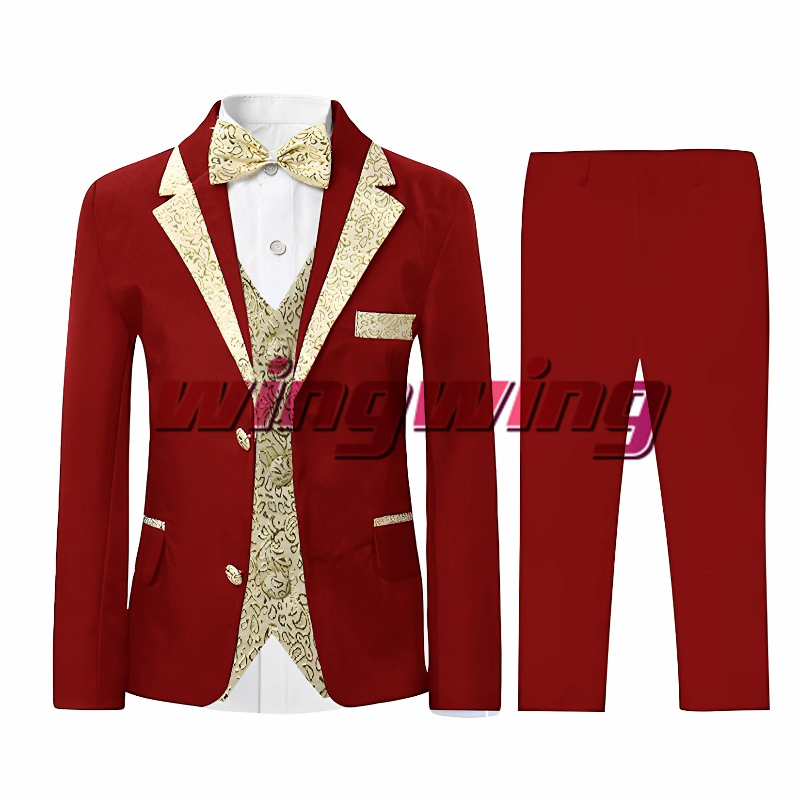 Matrimonio bambini vestito tre pezzi giacca pantalone gilet papillon ragazzi partito Blazer oro motivo floreale vestiti del Festival di moda