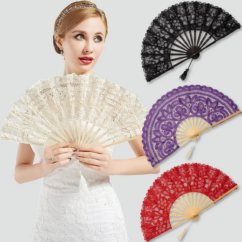 مروحة دانتيل قابلة للطي مع أضلاع مجوفة بشرابة أنيقة على الطراز العتيق مروحة محمولة مع قلادة شرابة لديكور المنزل وحفلات الزفاف