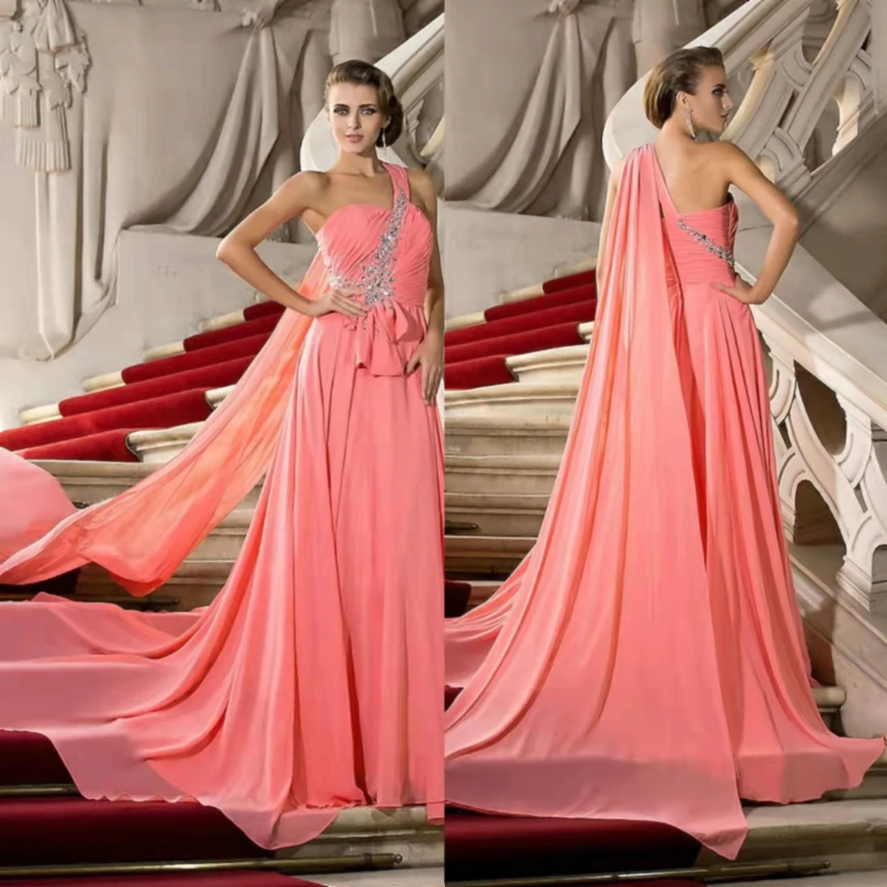 

Elegant Long One Shoulder Beaded Celebrity Dresses A-Line Chiffon Sweep Train Evening Dress Robe De Soiree Pleats Formal Dresses