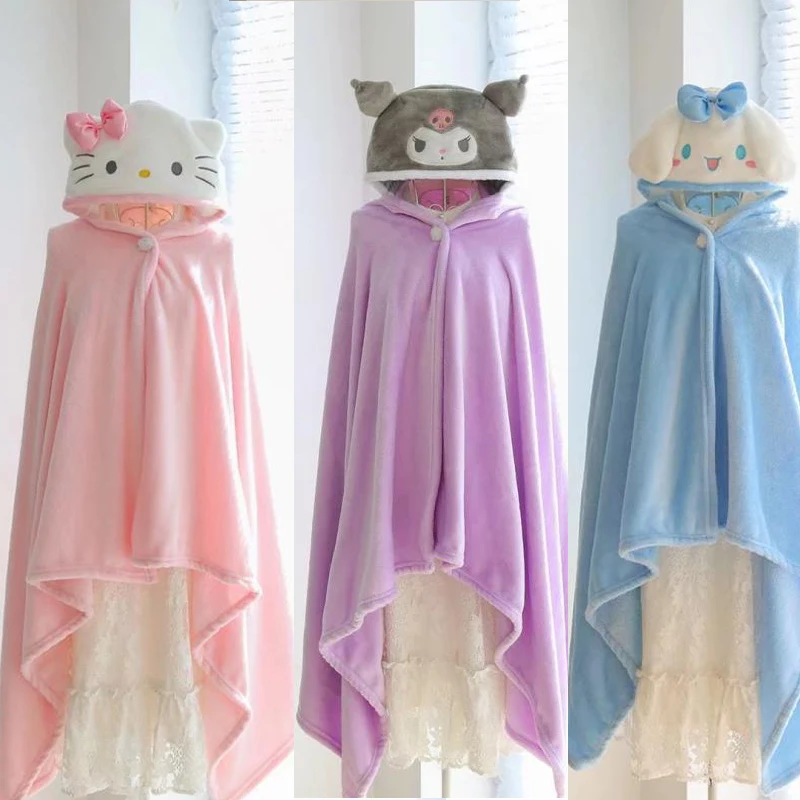 

Anime Hello Kittys Cloak Blanket Sanrios Kuromi Cinnamoroll Child Student Girl Heart Kawaii Cartoon Hooded Shawl Nap Blanket