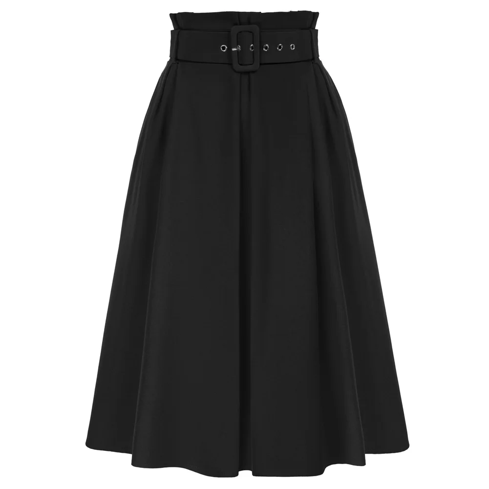 

Belle Poque Women's Paperbag Skirt Vintage High Waist A-Line Midi Skirts With Pockets & Belt Classic Solid Color Knee Length A30