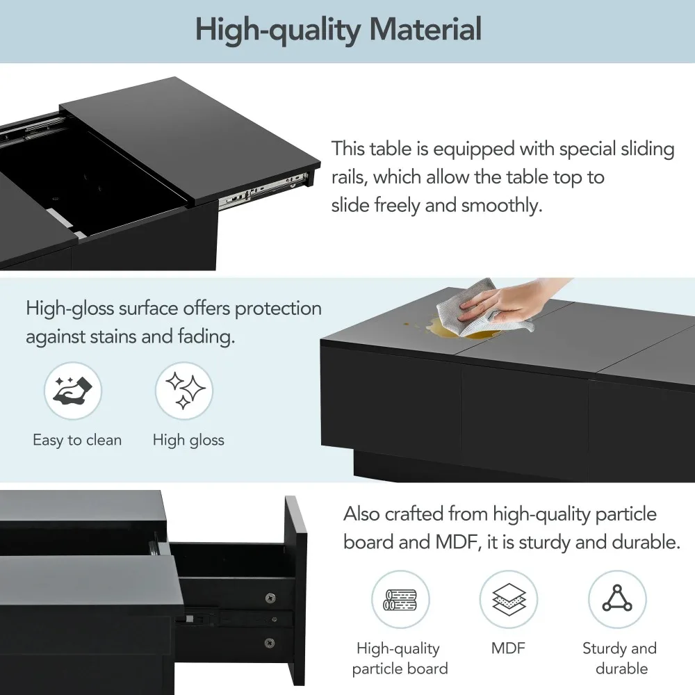 Modern Extendable Coffee Table - Rectangle Cocktail Table with Hidden Storage - Black 5