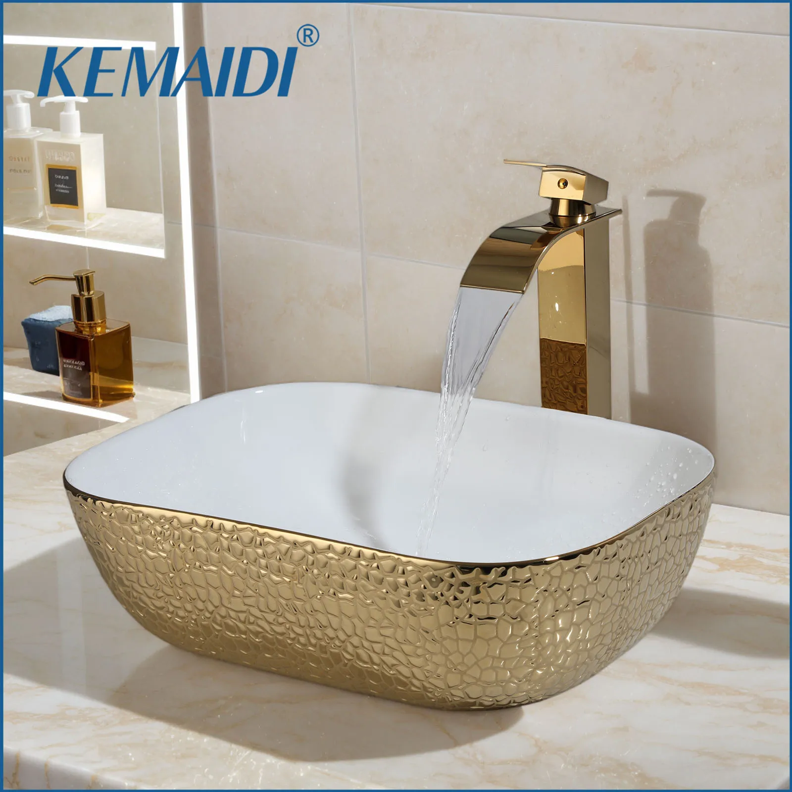 KEMAIDI อ่างล้างจานเซรามิคสีทองและสีขาวเหนือเคาน์เตอร์อ่างล้างจานห้องน้ําชามพร้อมก๊อกน้ําและท่อระบายน้ําสําหรับห้องน้ําสมัยใหม่ 1