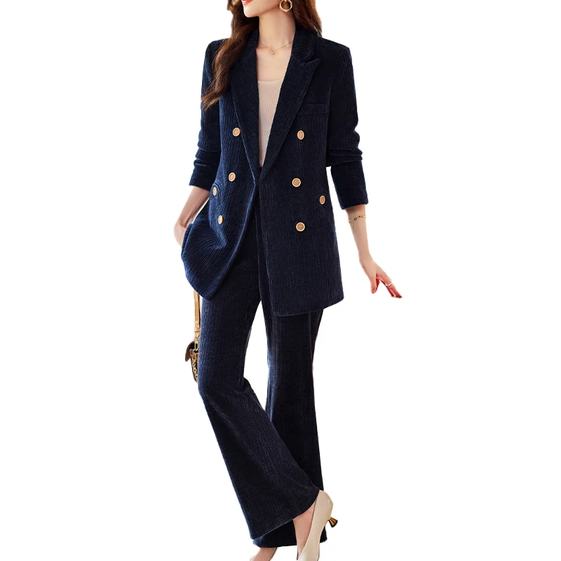 

Blue Womens Suit Set 2 Pieces Stripe Double Button Blazer With Flare Pants Autumn Winter Office Ladies Professional Clothing
