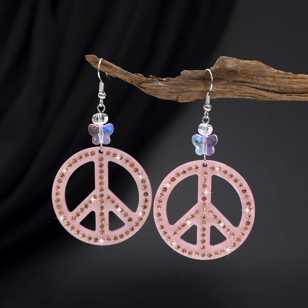 New Fashion Circle Inlaid Rhinestone Glass Butterfly Pink Acrylic Peace Sign Earrings For Women Trend Dangle Drop Jewelry