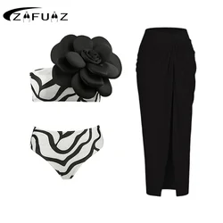 ZAFUAZ 2024 Sexy Bikini Sexy 3D Flower One Piece Shoulder Swimsuit Skirt Women Swimwear Summer Beach Dress Monokini Bath Suit