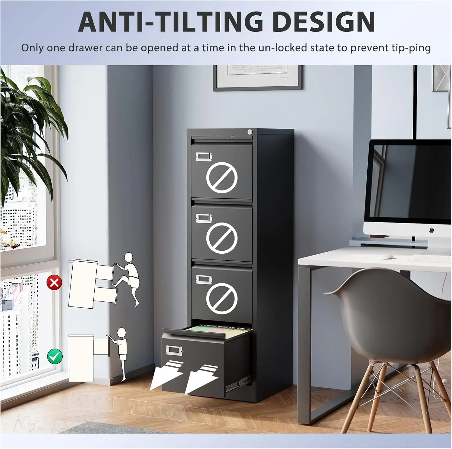 4 Drawer File Cabinet, Filing Cabinets for Home Office, Metal Vertical File Storage Cabinet with Lock, 15" W x 17.7" D x 50.1" H