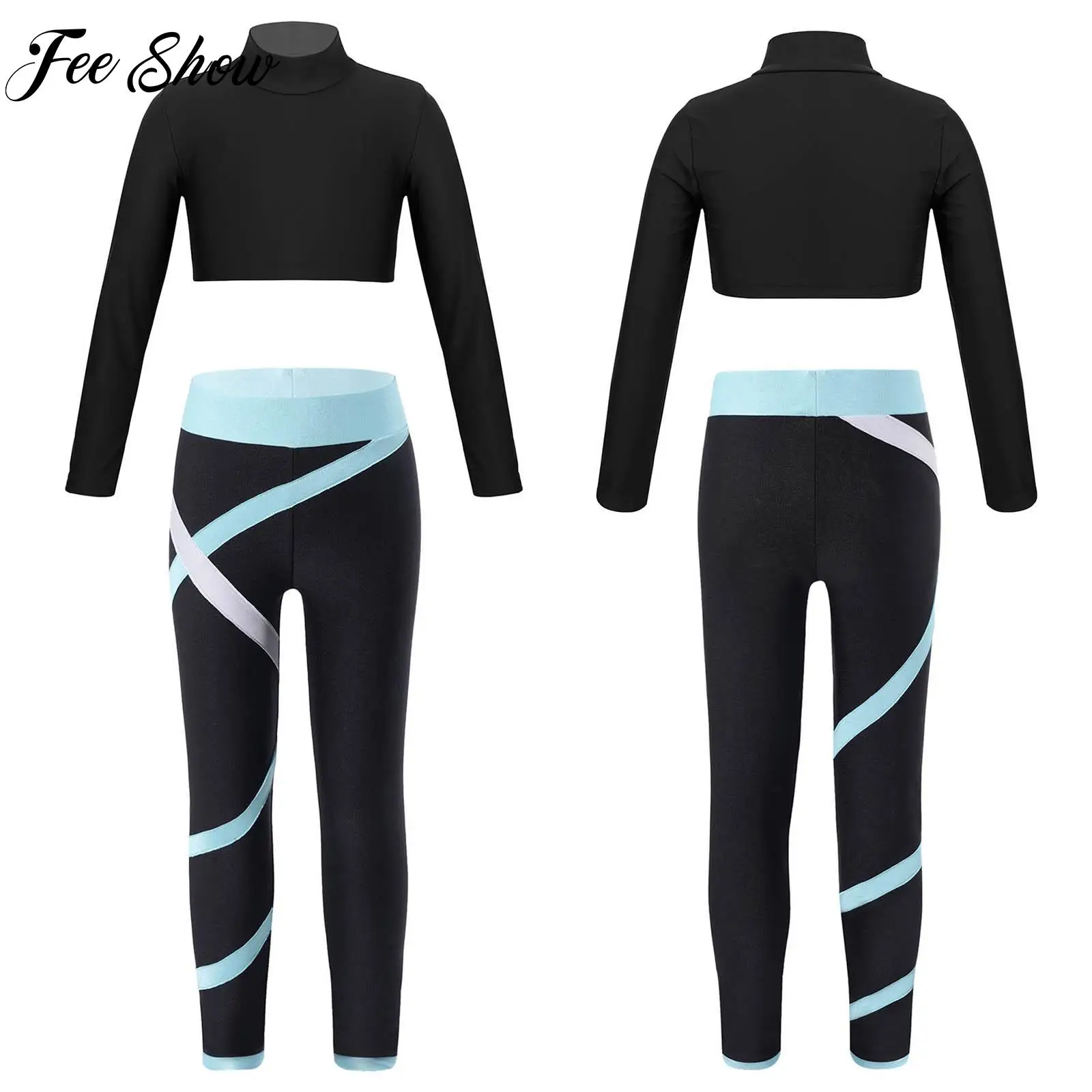 

Kids Girls Casual Ballet Dance Outfits Gymnastics Skating Fitness Yoga Sets Long Sleeves Stretchy Crop Top Leggings Sportswear