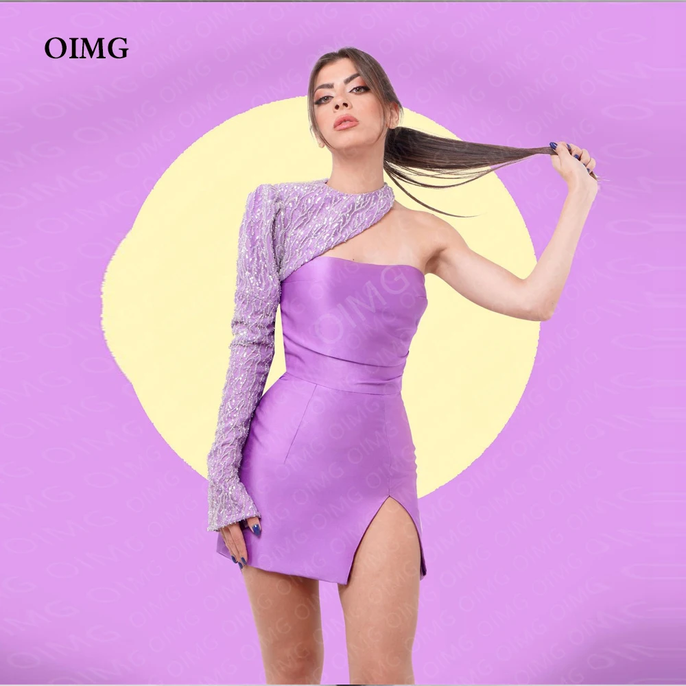 

Фиолетовые атласные вечерние платья OIMG с блестками и коротким рукавом, вечерние платья с высоким воротом и одним рукавом, платье для ночного клуба, вечернее платье