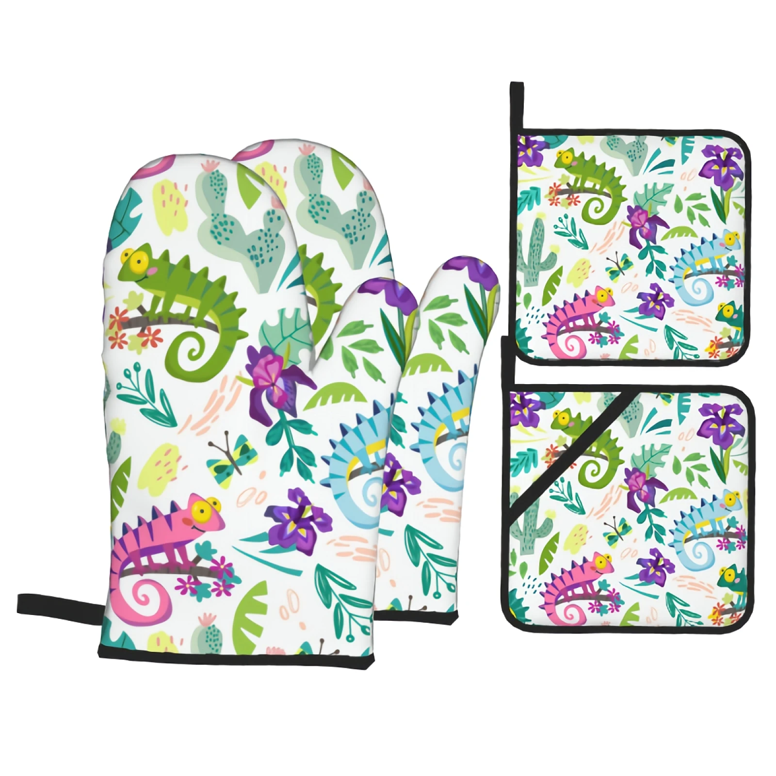

Cartoon Chameleon Oven Mitts and Pot Holders Sets Funny Printed Oven Gloves for Safe BBQ Cooking Baking Grilling Set of 4