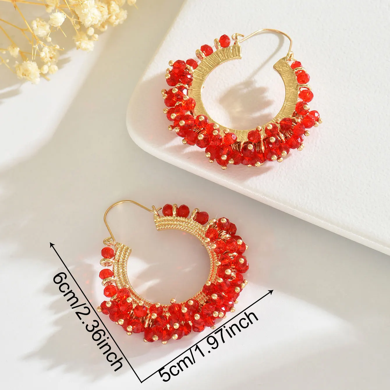 Boho Vintage Elegant Crystal Beaded Hoop Earrings for Women Handmade Colorful Geometric Metal Earring Summer Party Jewelry Gift