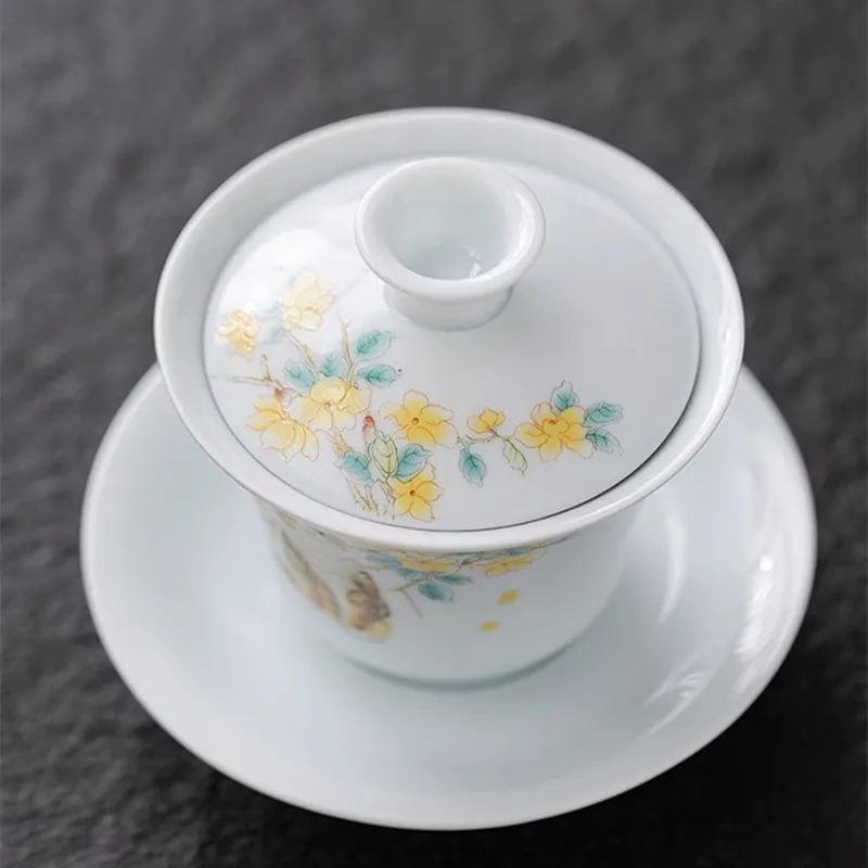 Shadow Celadon Covered Bowl, Tea Cup, White Porcelain Suspended Tea Bowl with Lid, Sancai Ceramic Kung Fu Household Set