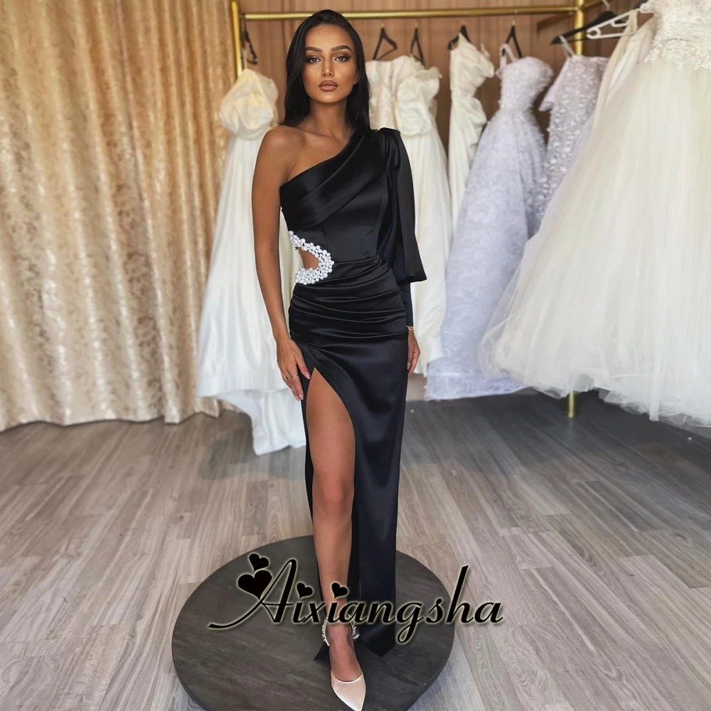 

Aixiangsha Modern Prom Dresses for Women Mermaid One Shoulder Cut-Out Beading Slit Evening Dress Vestidos De Noche Custom Made