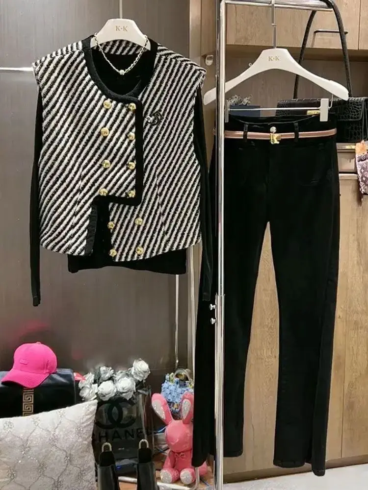 여성용 스트라이프 민소매 가디건, 여성용 따뜻한 조끼, 캐쥬얼 소녀, 아름다운 겉옷 조끼, 가을 겨울 의류, 패션