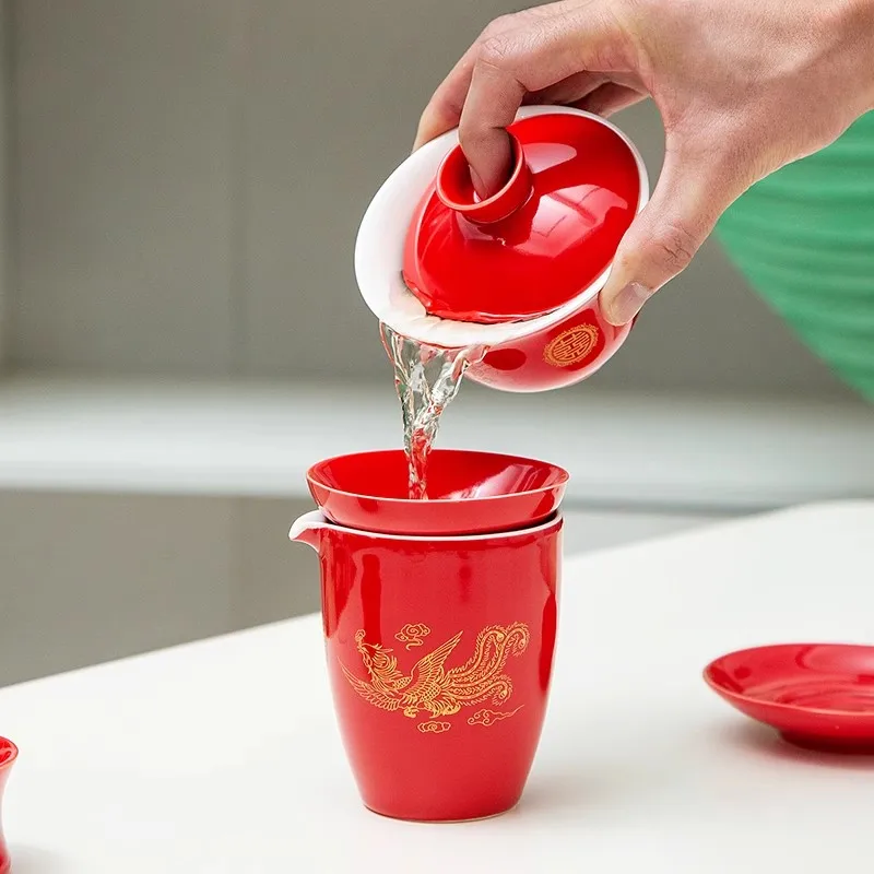 Chinese Wedding Tea Ceremony Set - Red Porcelain Tea Cups with Gift Box, Bride & Groom 'Gai Kou' Tea Set, Complete Marriage Dowr
